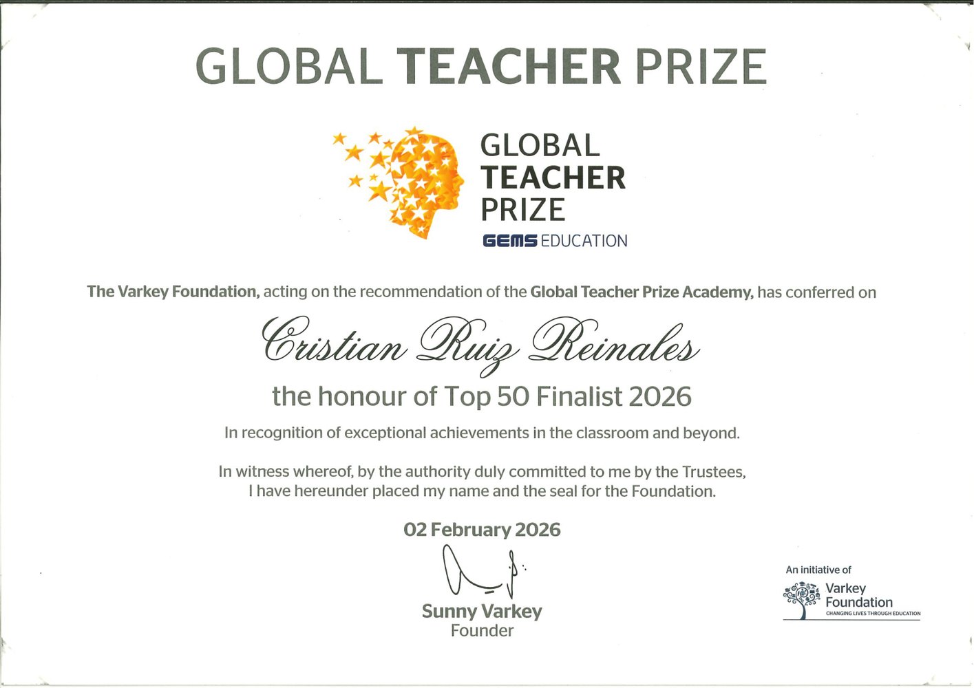 Certificado Top 50 Global Teacher Prize 2026